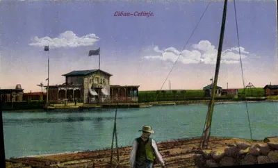 Libau-Cetinje — vista do porto com edifício sobre estacas — editor N. Kruck, Libau, n° 5116