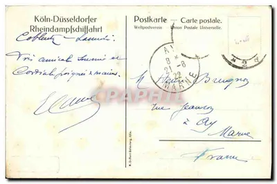 Navio a vapor Blücher — castelo na colina — Köln-Düsseldorfer Rheindampfschiffahrt — Verso