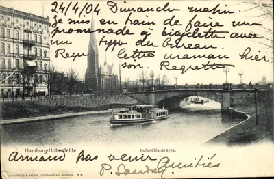 Hamburg-Hohenfelde — vue de la Kuhmühlenbrücke avec bateau sur le canal — éditeur YNACKSTEOT & NÄTHER, HAMBURG. N° 12 A.