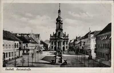Rastatt. Kaiserstraße — Piazza central com fonte e igreja — editor Franckh-Verlag, Stuttgart-O.
