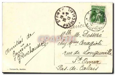 Łódź na Lemanie — widok jeziora z górami zasypanymi śniegiem — Fototypia Co., Neuchâtel, nr 1618 — Rewers