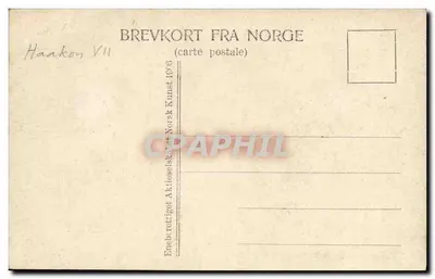 Dwaj jeźdźcy w mundurach obok wozu — wydawca: Enebrettiaget Aktieselskab, seria Haakon VII — Rewers