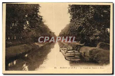 Bilhete postal antigo Redon O Canal de Nantes a Brest Barco Peniche