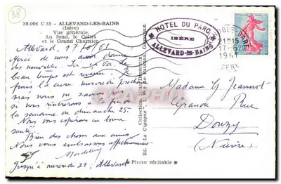 Allevard-les-Bains — Vista geral, o Collet e o Grand Charnier — Hotel du Parc, Allevard-les-Bains — Verso