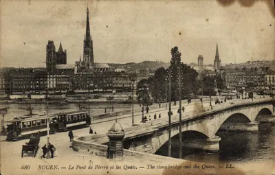 Bilhete postal antigo Rouen O Ponte de Pedra e os Quais