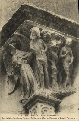 Adão e Eva no Paraíso Terrestre — Bas-relief na antiga fonte Saint-Maclou — Rouen — C.P. 391