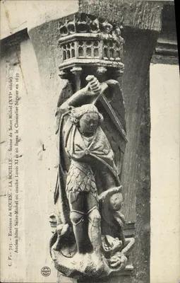 Bilhete postal antigo Environs de Rouen La Bouille Estátua de São Miguel Antigo hotel Saint Michel ou coucha Louis XI