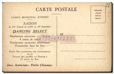 Yport — Estação climática — Visão geral da praia — O Cassino e os banhos — Ed. Dupin, 3-8-27 — Verso
