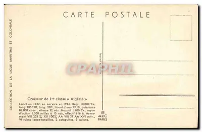 Crucero de primera clase «Algérie» — Colección de la Liga Marítima y Colonial — Editor París — Reverso