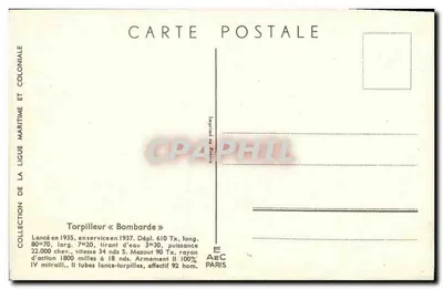 Torpilleiro « Bombarde » — Coleção da Liga Marítima e Colonial — Editor AEC Paris — Verso