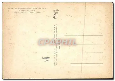 Porte-avions « CLEMENCEAU » — vue de profil en mer — Éditions S.E.P.T. F.M. NICE — Verso