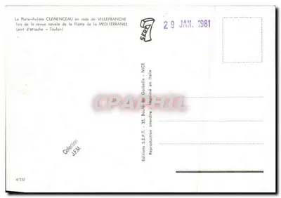 Czolg Clemenceau w zatoce Villefranche — przegląd morski Floty Morza Śródziemnego — Wydawnictwo S.E.P.T. - 35, Bulwar Gorbella - Nice — Rewers