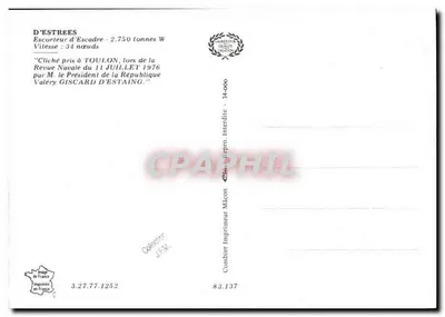 D'ESTREES — Eskortowy Okręt — Imprimeur Combiet — Rewers