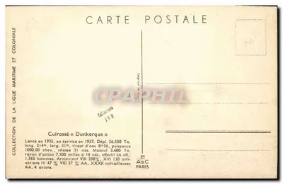Cruiser « Dunkerque » — Coleção da Liga Marítima e Colonial — Editor JEM Paris — Verso
