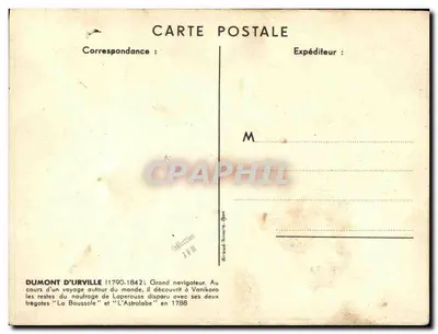 Aviso colonial DUMONT D'URVILLE — illustration avec portrait et navire — Paul Igrret — Verso
