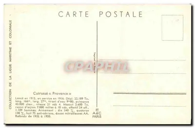 Cuirassé « Provence » — Kolekcja Ligi Morskiej i Kolonialnej — Wydawca AEC Paris — Rewers