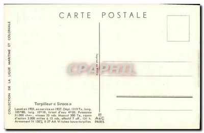 Torpilleiro « Siroco » — Coleção da Liga Marítima e Colonial — Editor Paris — Verso