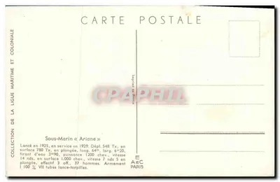 Submarino Ariane — ilustração de L. Kaffner — Coleção da Liga Marítima e Colonial — Verso