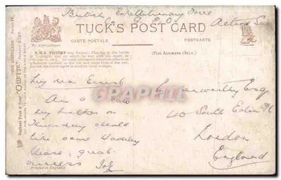 H.M.S. Victory e o submarino No 3 — Tuck's Post Card, Série IV — Verso