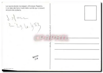 Navio-escola norueguês « Christian Radich » — três-mastros quadrados — editor Keller & Toft A.S. — Verso