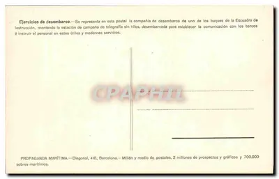 Exercício de desembarque — Companhia de instrução montando uma estação de telegrafia sem fio — Propaganda Marítima, Barcelona — Verso