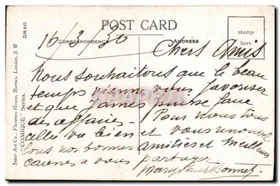 Criança sorridente — provérbio saúde — Inter-Art Co., Florence House, Barnes, Londres, S.W. — Série 'Comique' n°5846 — Verso