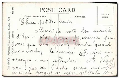 Criança e pai diante de uma porta 'HOMENS' — desenho de Donald MacKillop — série 'Comique' de Florence House, Barnes, S.W. — Verso