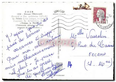 Półnowoczesna pocztówka Caen Przed Uniwersytetem Le Phenix — Rewers