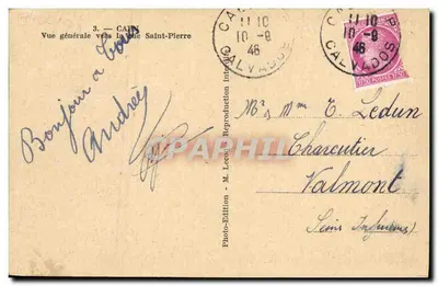 Stara pocztówka Caen Ogólny widok w kierunku ulicy Świętego Piotra Militaria — Rewers
