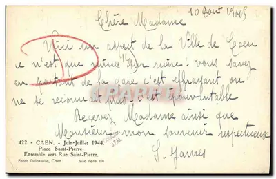 Caen — Ruiny miasta po bombardowaniach — R. Delassalle — Rewers