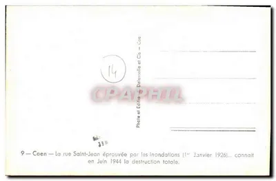 Caen — rue Saint-Jean — powodzie 1926 i całkowita destrukcja 1944 — Wydawnictwo Delastalle et Cie — Rewers