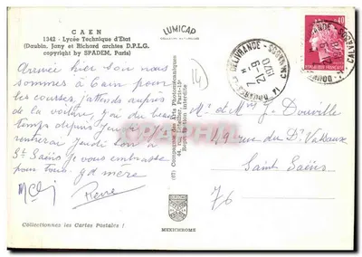 Liceo Tecnico Statale di Caen — vista d'ingresso con monumento — editore SPADERM, n. 1342 — Verso