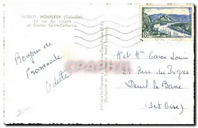 Honfleur — rue des Lingots i wieża kościoła św. Katarzyny — Wydawnictwo «La Cigogne» — Rewers