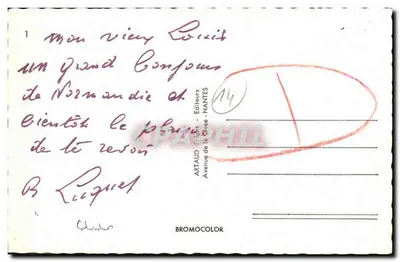Langrune-sur-Mer — widok panoramiczny z dike, plażą, fontanną Trzech Gracjuszek i kobietą w stroju normandzkim — wydawca Artaud, Nantes — Rewers