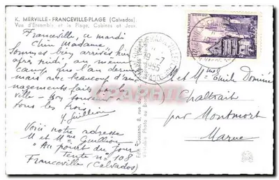 Franceville-Plage (Calvados) — View of the Entire Area and the Beach, Cabins and Games — Publisher Cassino, No. 108 — Back