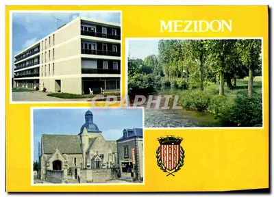Mezidon — vista do edifício, do curso d'água e da igreja — editor não visível