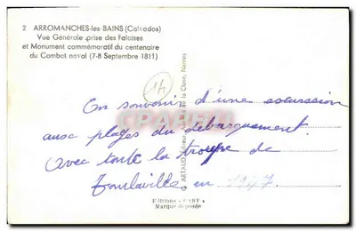 Arromanches-les-Bains — Vista Geral tirada das Falésias e Monumento comemorativo do centenário do Combate naval (7-8 Setembro 1811) — Edições CABY — Verso