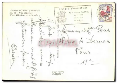 Arromanches (Calvados) — Vista generale, Porto Winston e il Museo — editore Isigny-sur-Mer — Verso