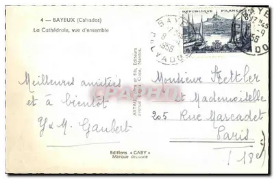 Bayeux — Catedral, vista geral — SABY, litografia de A. Maugendre — Verso