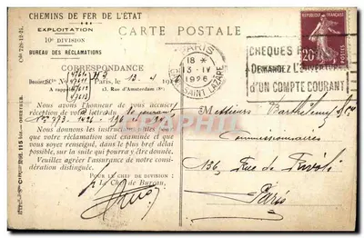 Bayeux — Restaurante — Chemins de Fer de l'État, série A10 — Verso
