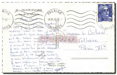 Widok ulicy Pelleterie w Falaise — Wydawca Gaby, numer serii nie widoczny — Rewers