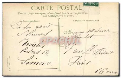 Réunion na plaży — animowana plaża z łodzią i kabinami — wydawca L.V. & Cie, Paryż — Rewers