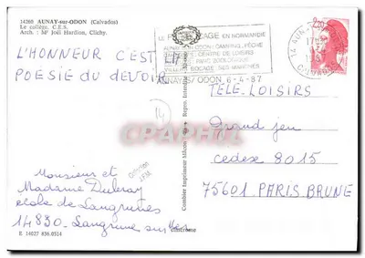 Colégio C.E.S. de Aunay-sur-Odon — Aunay-sur-Odon, Calvados — Impressor Cing — Verso
