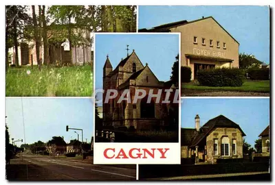 Cagny — vista da cidade com igreja, foyer rural e rua
