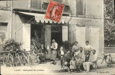 Bilhete postal antigo Cagny Restaurante dos Ciclistas VElo Cycle