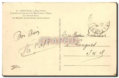 Deauville, a Praia Florida — O Jardim da Avenida da República e a Igreja — Cartas 'La Cigogne', Deauville — Verso