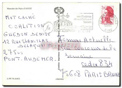 Manoirs du Pays d'Auge — Tarjeta postal turística con mapa de carreteras y fotos de mansiones — Reverso