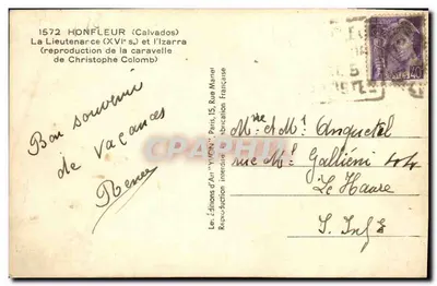 Honfleur (Calvados) — La Lieutenance (XVI wiek) i Izarra (reprodukcja Chrystofa Kolumba) — Wydawnictwo Sztuki 'YVON', Paryż — Rewers