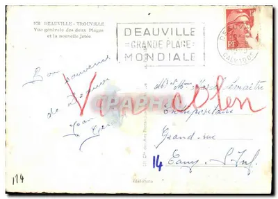 Deauville - Trouville — Vue générale des deux Plages et la nouvelle Jetée — Réal-Photo, n° 114 — Verso