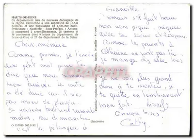 Hauts-de-Seine — cartão postal turístico com mapa e fotos de comunas — editor Combier Imprimeur — Verso